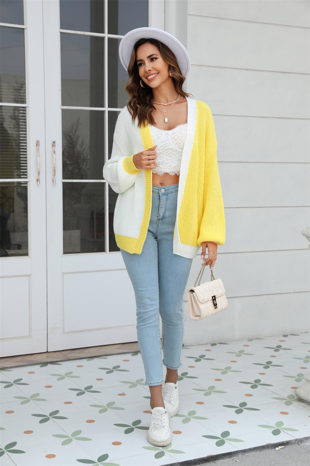 Open Front Contrast Color Balloon Sleeve Cardigan - Lucianne Boutique