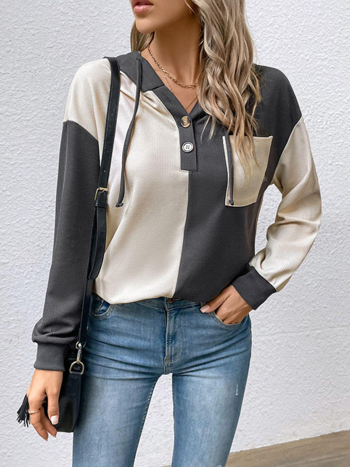 Contrast Color Button-Up Raglan Sleeve Hoodie - Lucianne Boutique