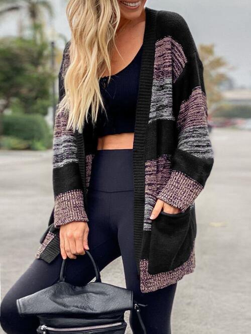 Striped Open Front Long Sleeve Cardigan with Pockets - Lucianne Boutique