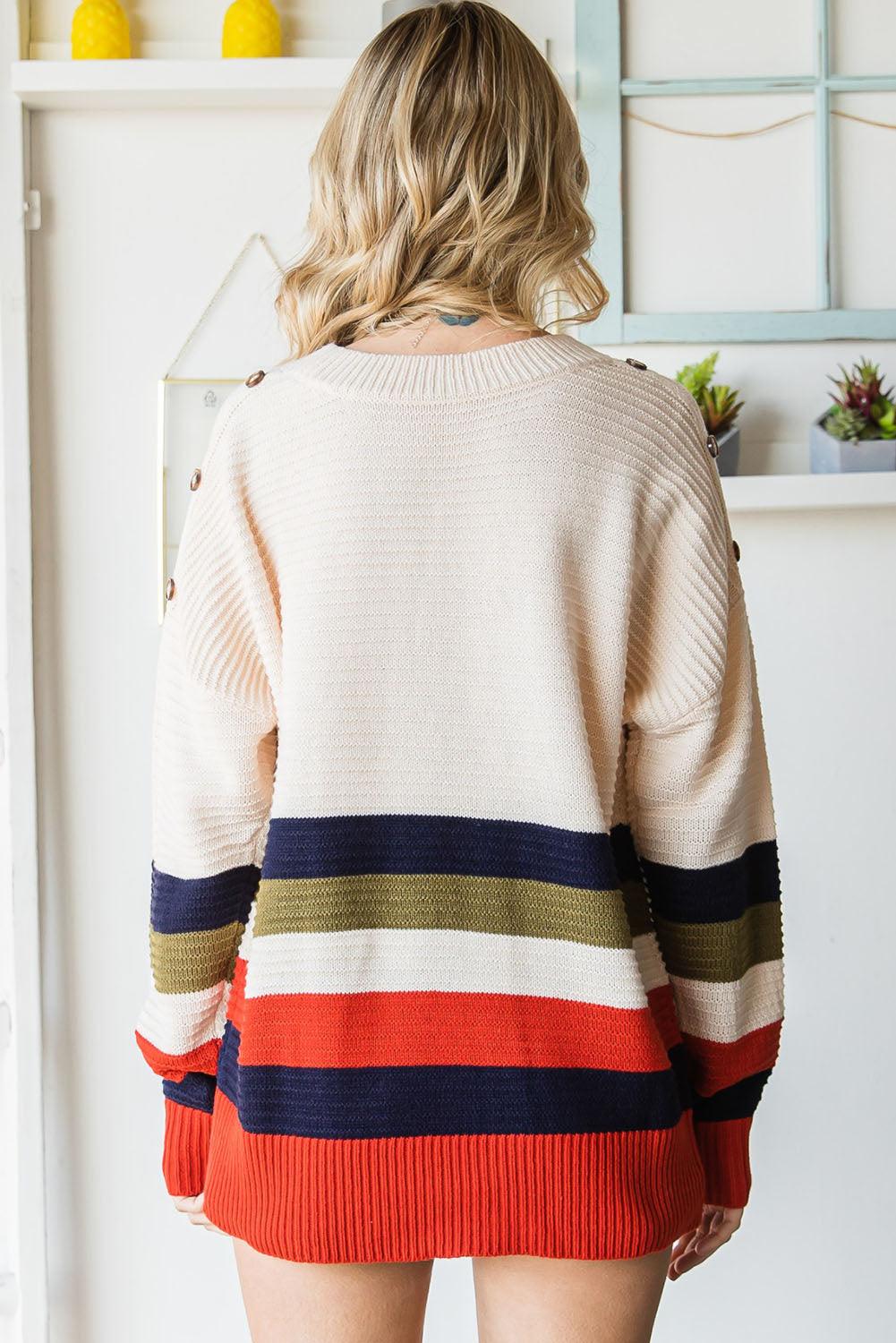 Striped Round Neck Decorative Button Dropped Shoulder Pullover Sweater - Lucianne Boutique