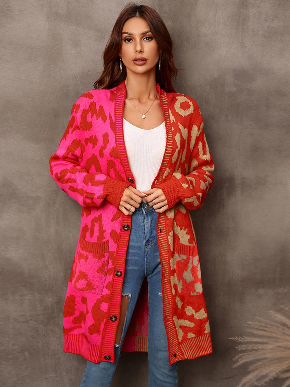 Leopard Splicing Sweater Cardigan Mid Length Women - Lucianne Boutique