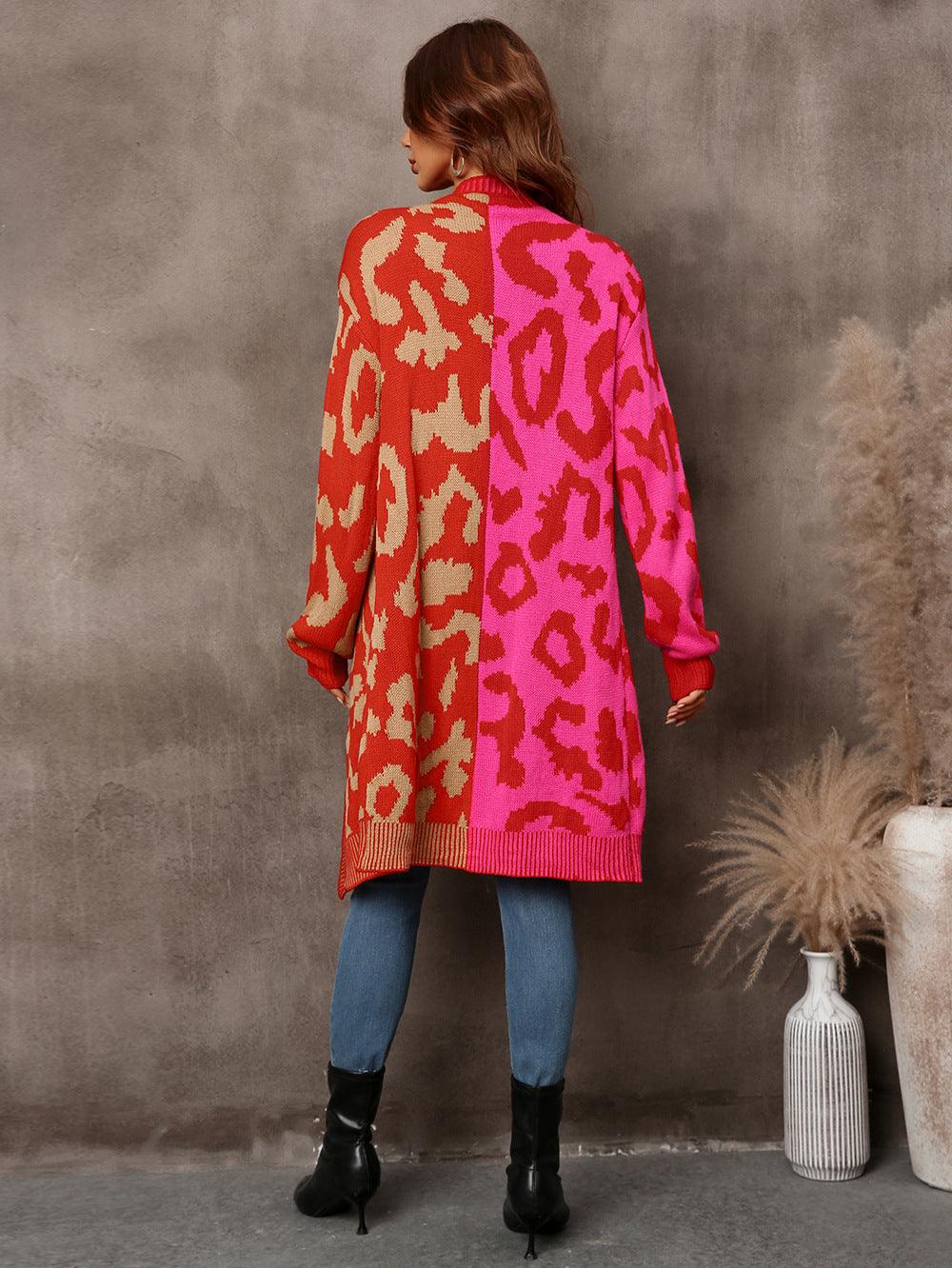 Leopard Splicing Sweater Cardigan Mid Length Women - Lucianne Boutique