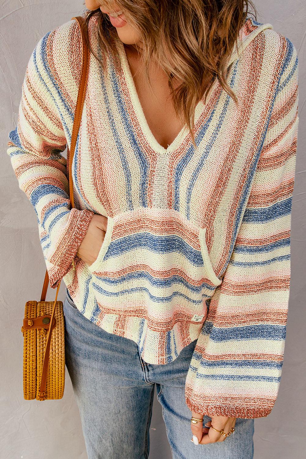 Striped Hooded Sweater with Kangaroo Pocket - Lucianne Boutique