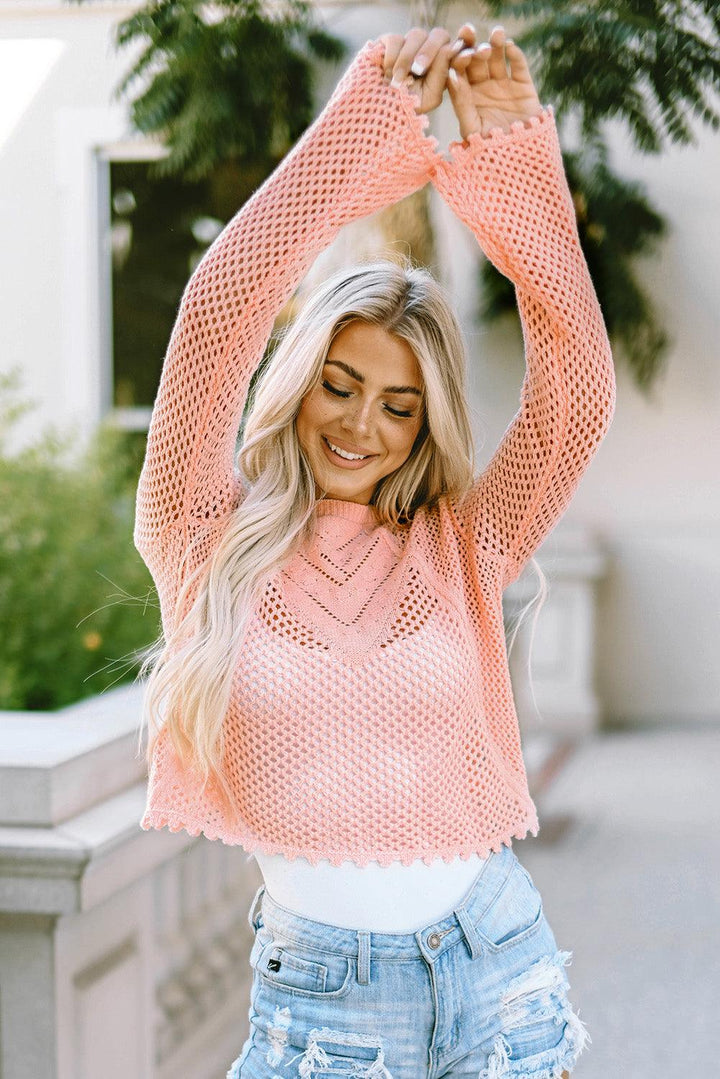 Openwork Round Neck Long Sleeve Knit Top - Lucianne Boutique