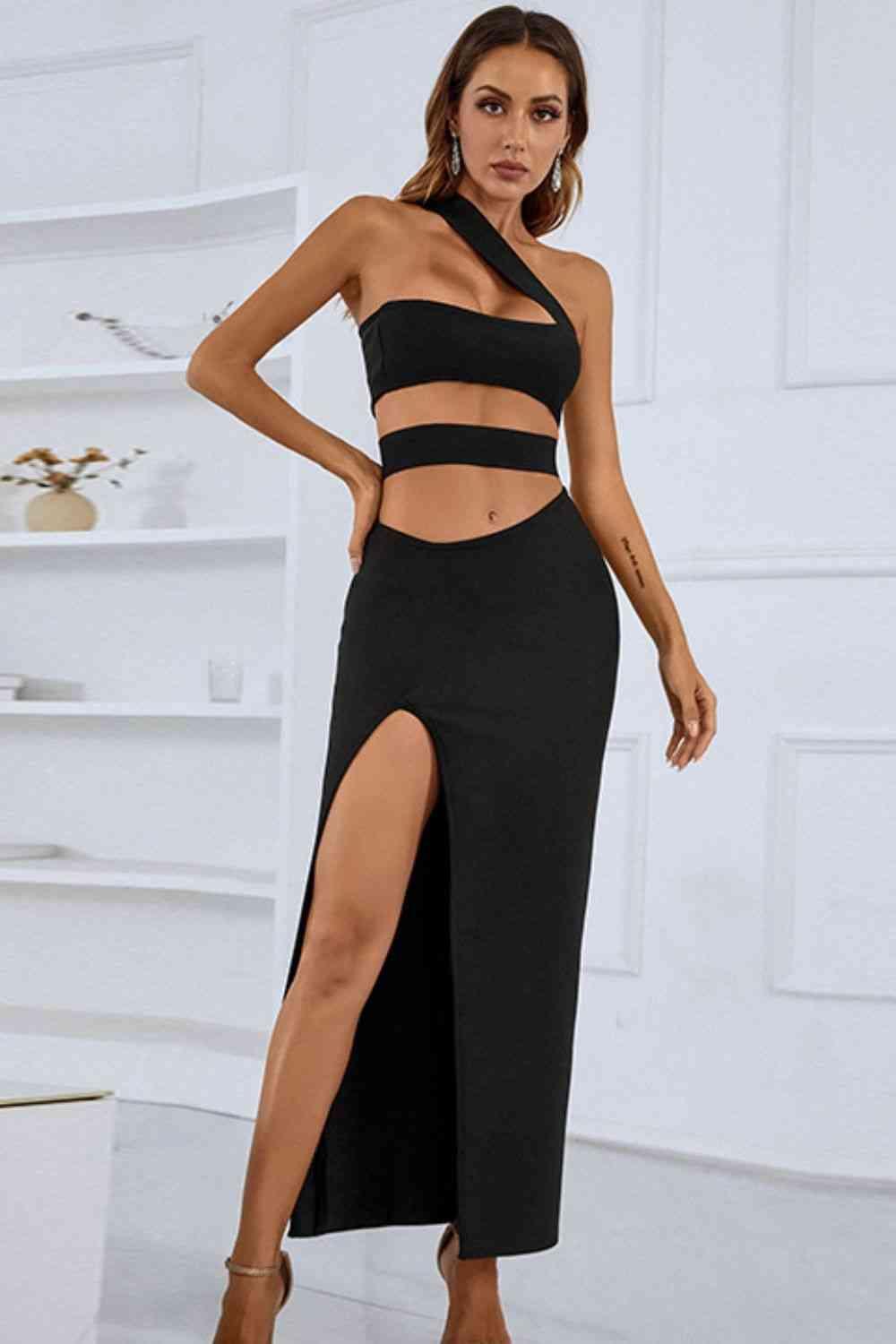 One-Shoulder Cutout Front Split Maxi Dress - Lucianne Boutique