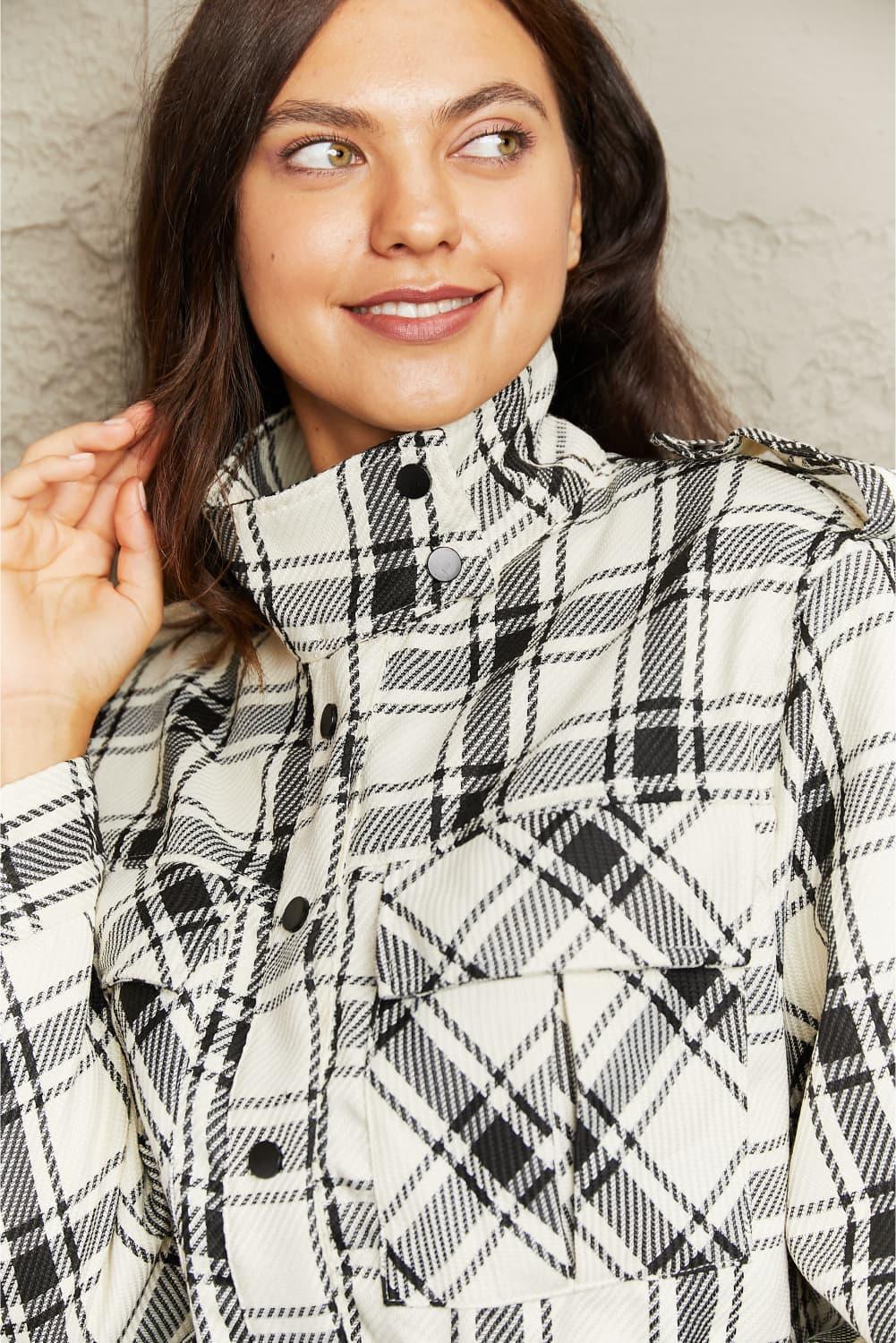 Plaid Collared Neck Long Sleeve Jacket - Lucianne Boutique