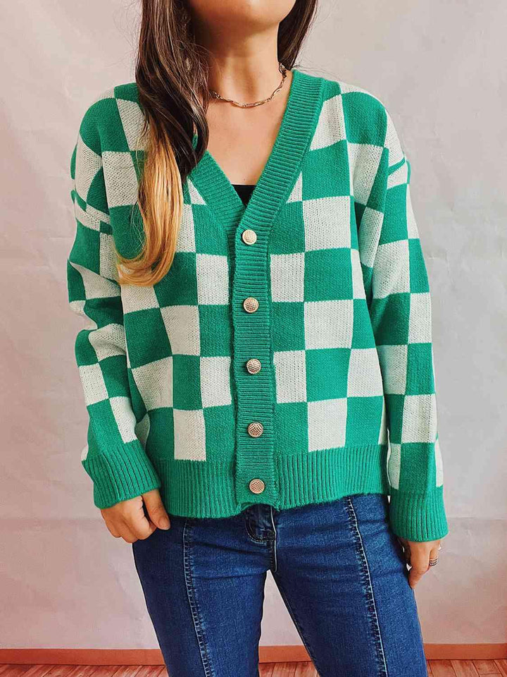 Checkered Open Front Button Up Cardigan - Lucianne Boutique