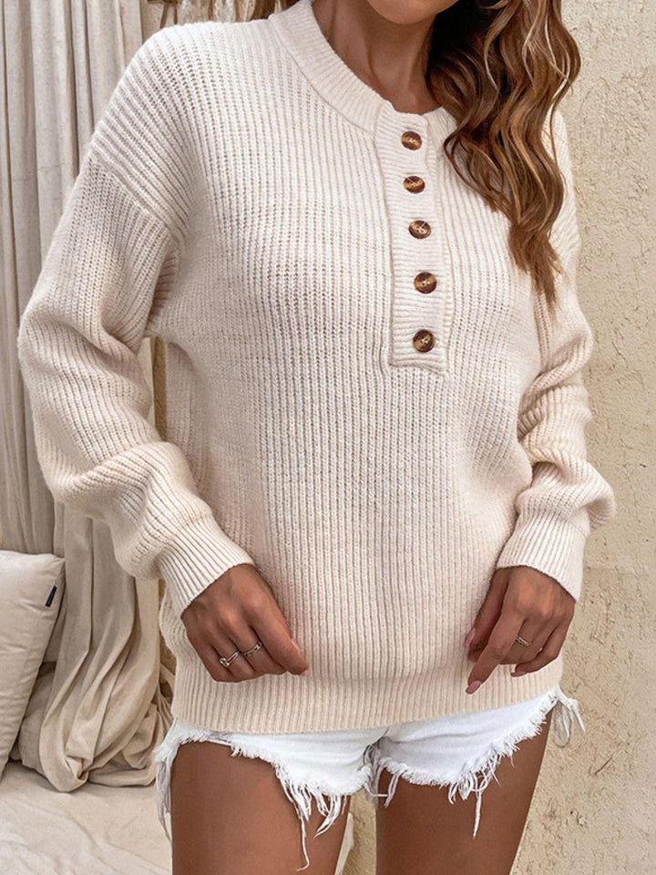Round Neck Ribbed Button-Down Sweater - Lucianne Boutique