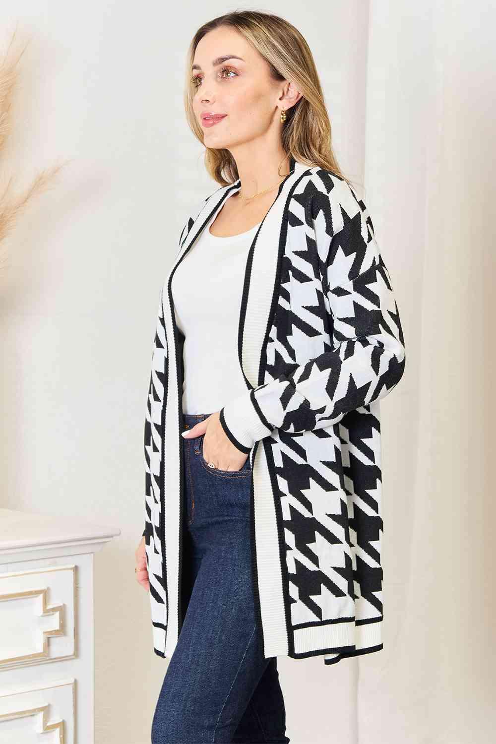 Woven Right Houndstooth Open Front Longline Cardigan - Lucianne Boutique