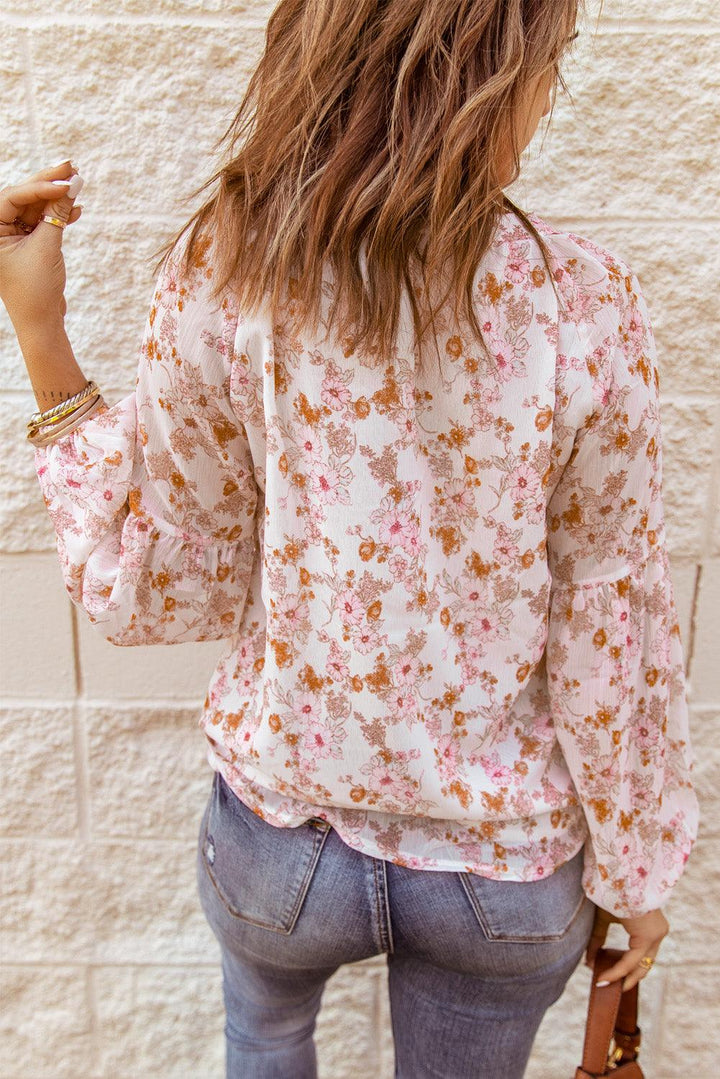 Floral Balloon Sleeve Notched Neck Blouse - Lucianne Boutique