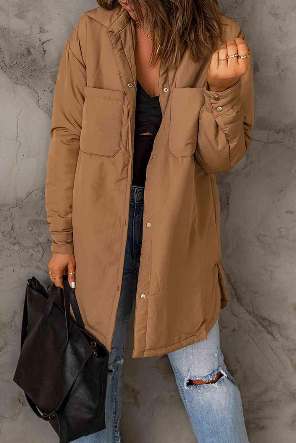 Double Take Snap Down Side Slit Jacket with Pockets - Lucianne Boutique