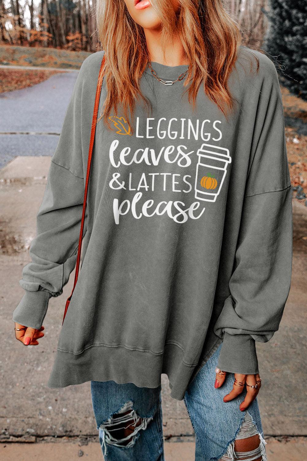 Round Neck Dropped Shoulder LEGGINGS LEAVES LATTES PLEASE Graphic Sweatshirt - Lucianne Boutique