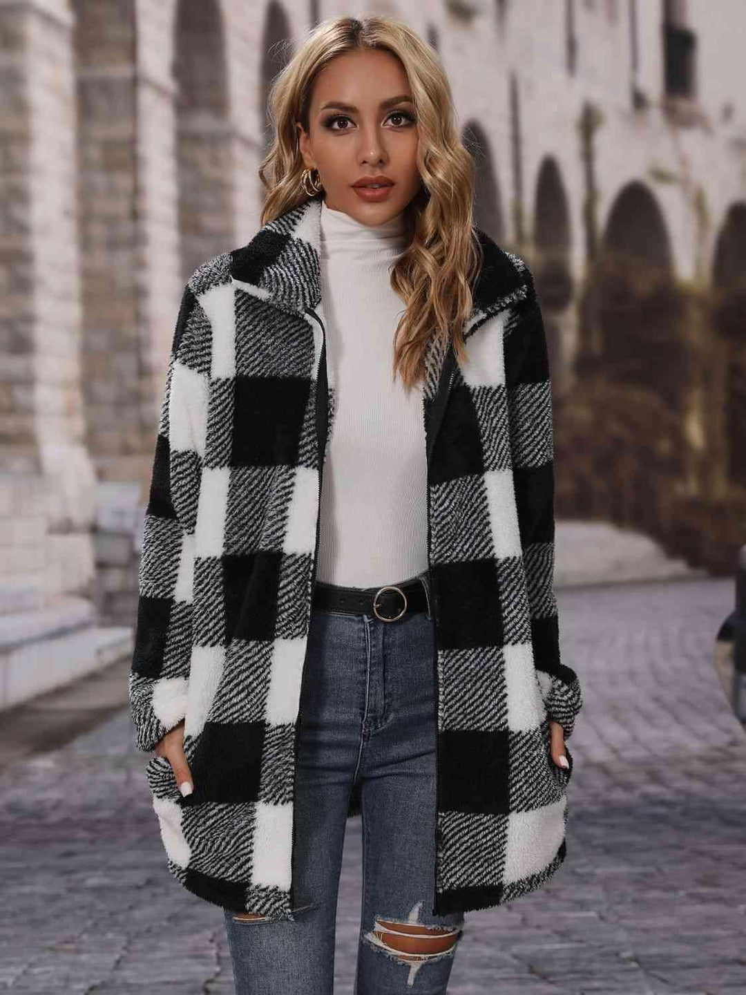 Plaid Collared Neck Coat with Pockets - Lucianne Boutique
