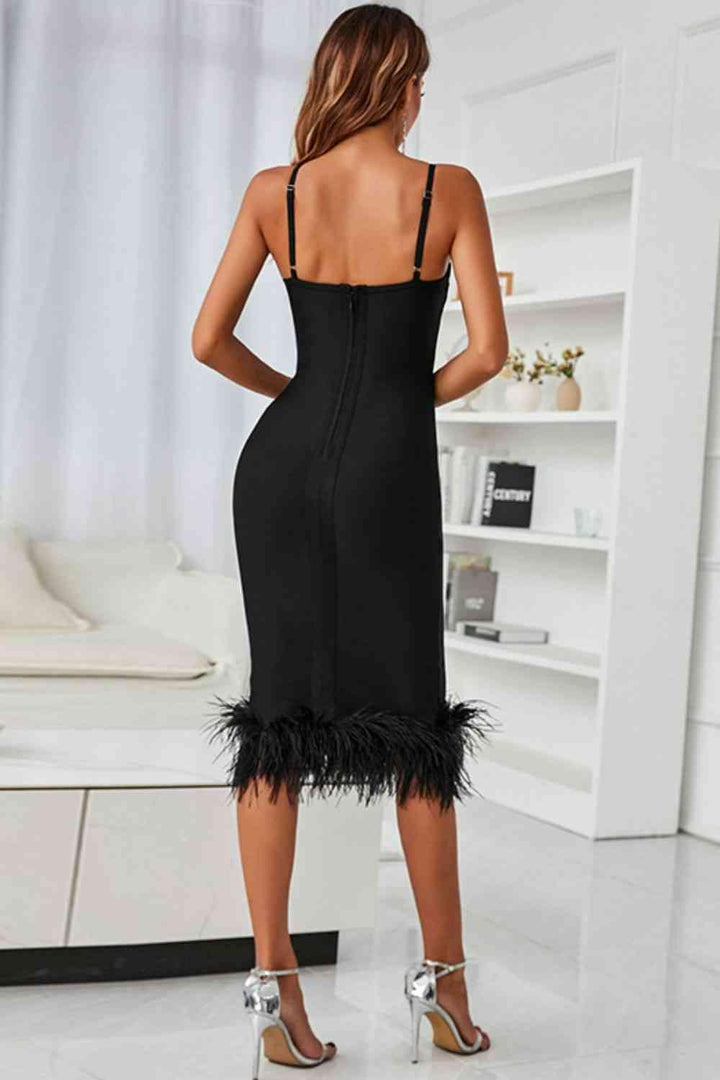 Spaghetti Strap Feather Trim Bodycon Dress - Lucianne Boutique