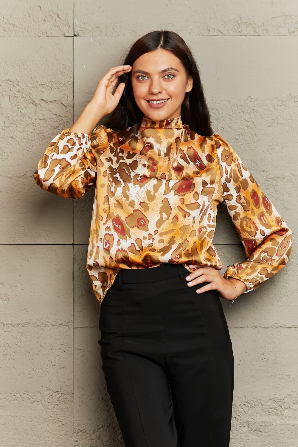 Printed Mock Neck Long Sleeve Blouse - Lucianne Boutique