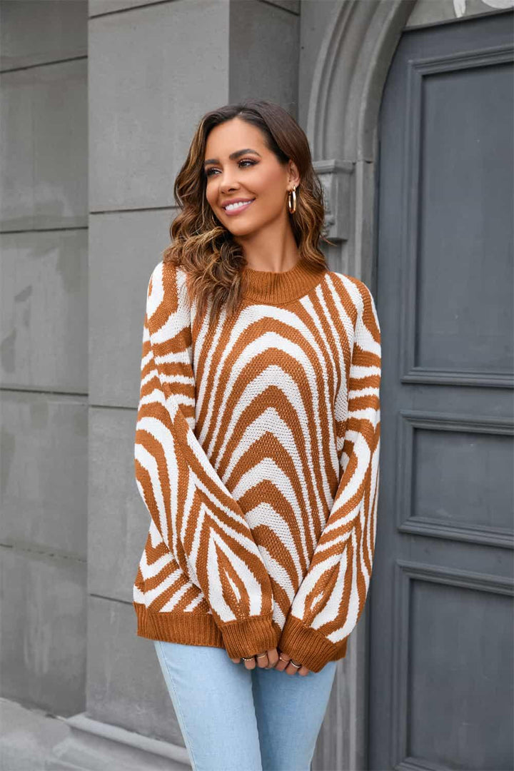 Printed Round Neck Long Sleeve Pullover Sweater - Lucianne Boutique
