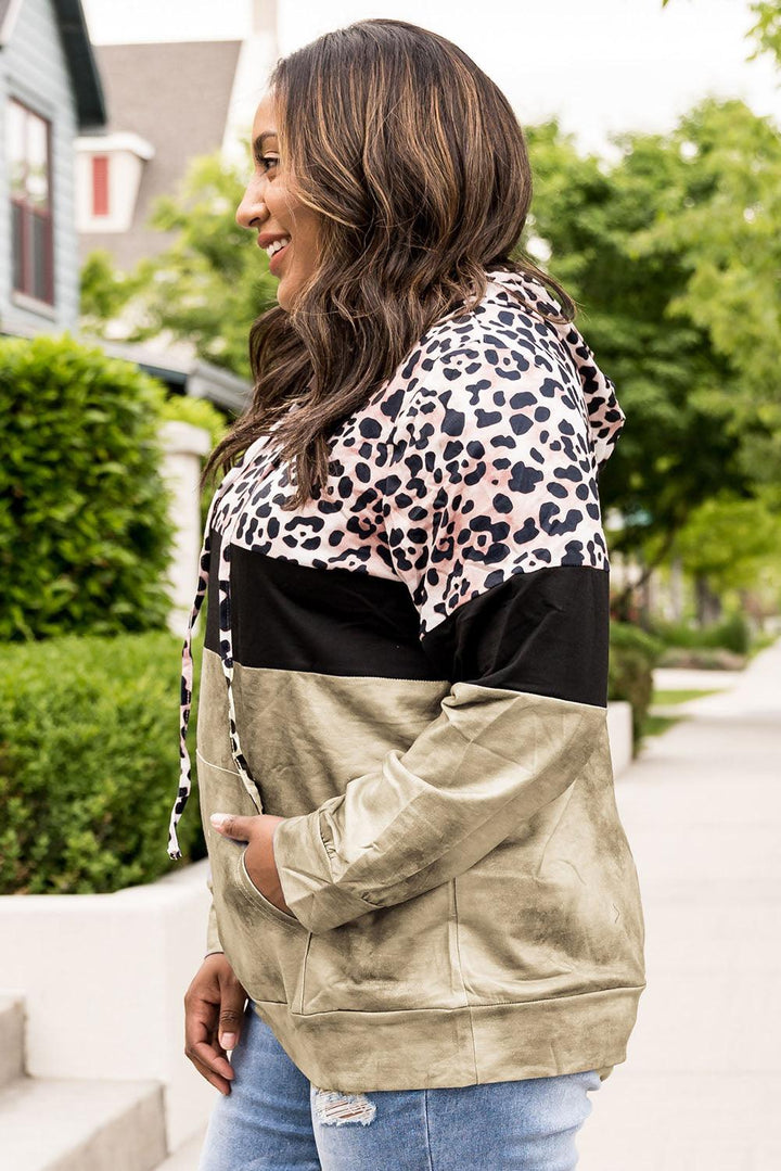 Plus Size Leopard Print Color Block Hoodie with Kangaroo Pocket - Lucianne Boutique
