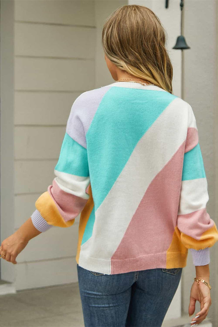 Color Block Round Neck Long Sleeve Sweater - Lucianne Boutique