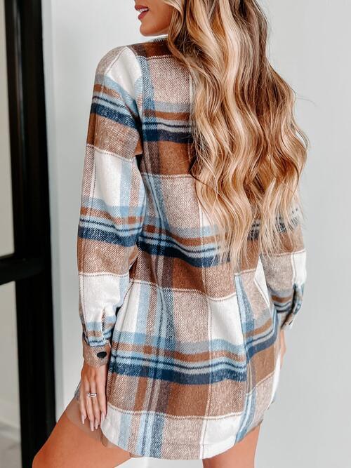 Plaid Double-Breasted Long Sleeve Coat - Lucianne Boutique