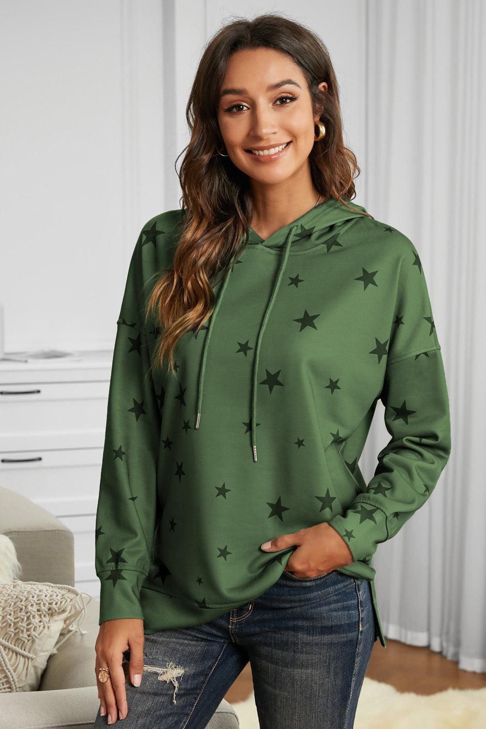 Star Print Drawstring Detail Hoodie - Lucianne Boutique