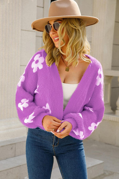 Floral Open Front Fuzzy Cardigan - Lucianne Boutique
