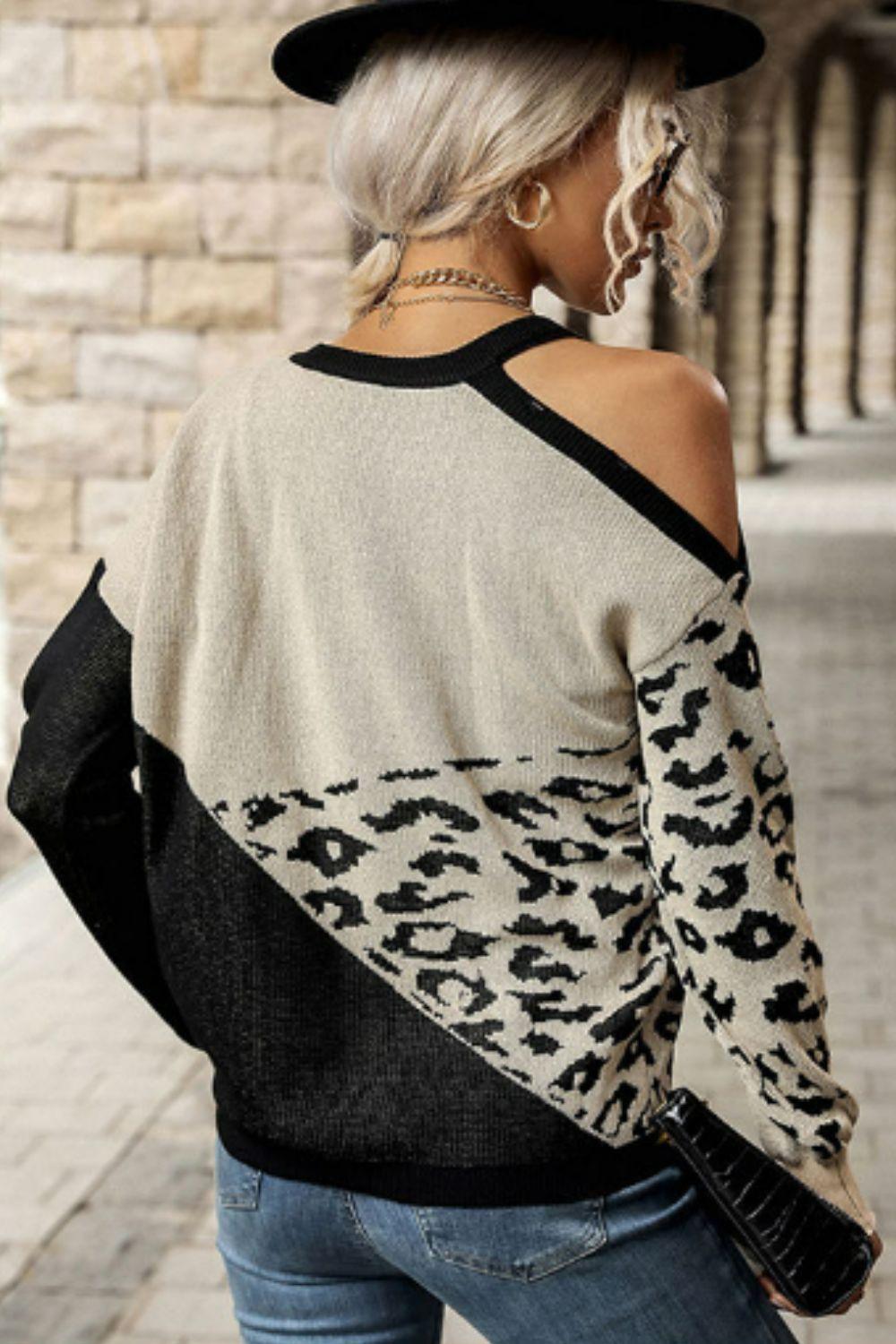 Leopard Color Block Cold-Shoulder Sweater - Lucianne Boutique