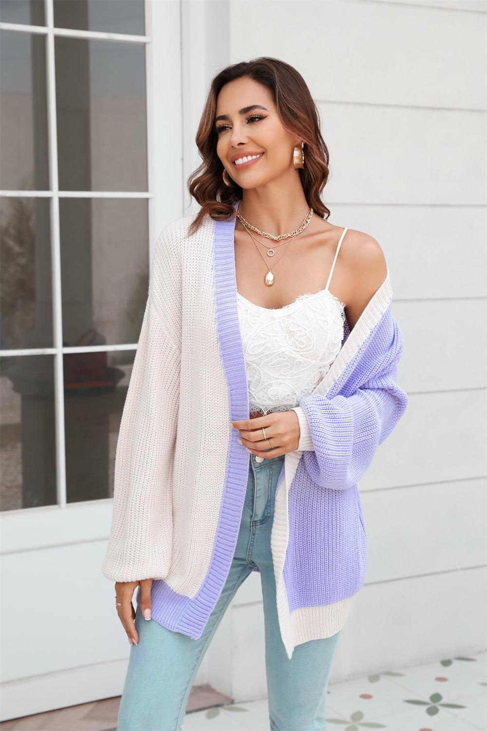 Open Front Contrast Color Balloon Sleeve Cardigan - Lucianne Boutique