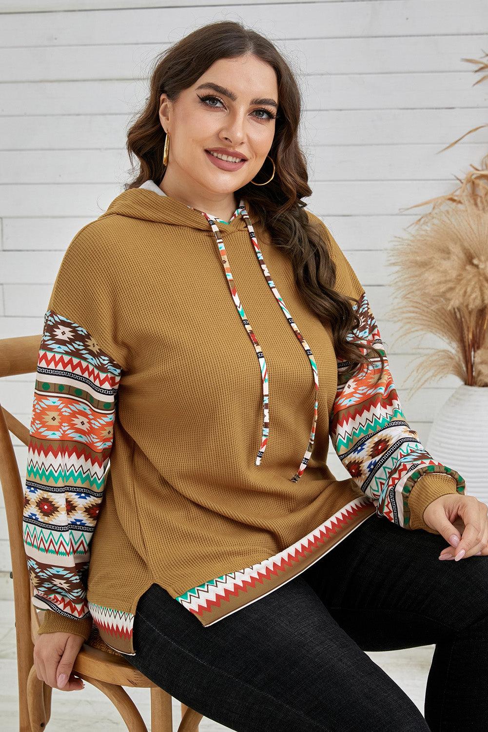 Plus Size Printed Side Slit Waffle-Knit Hoodie - Lucianne Boutique