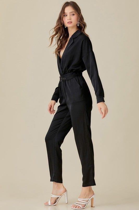 BELTED WAIST COLLARED SATIN JUMPSUIT - Lucianne Boutique