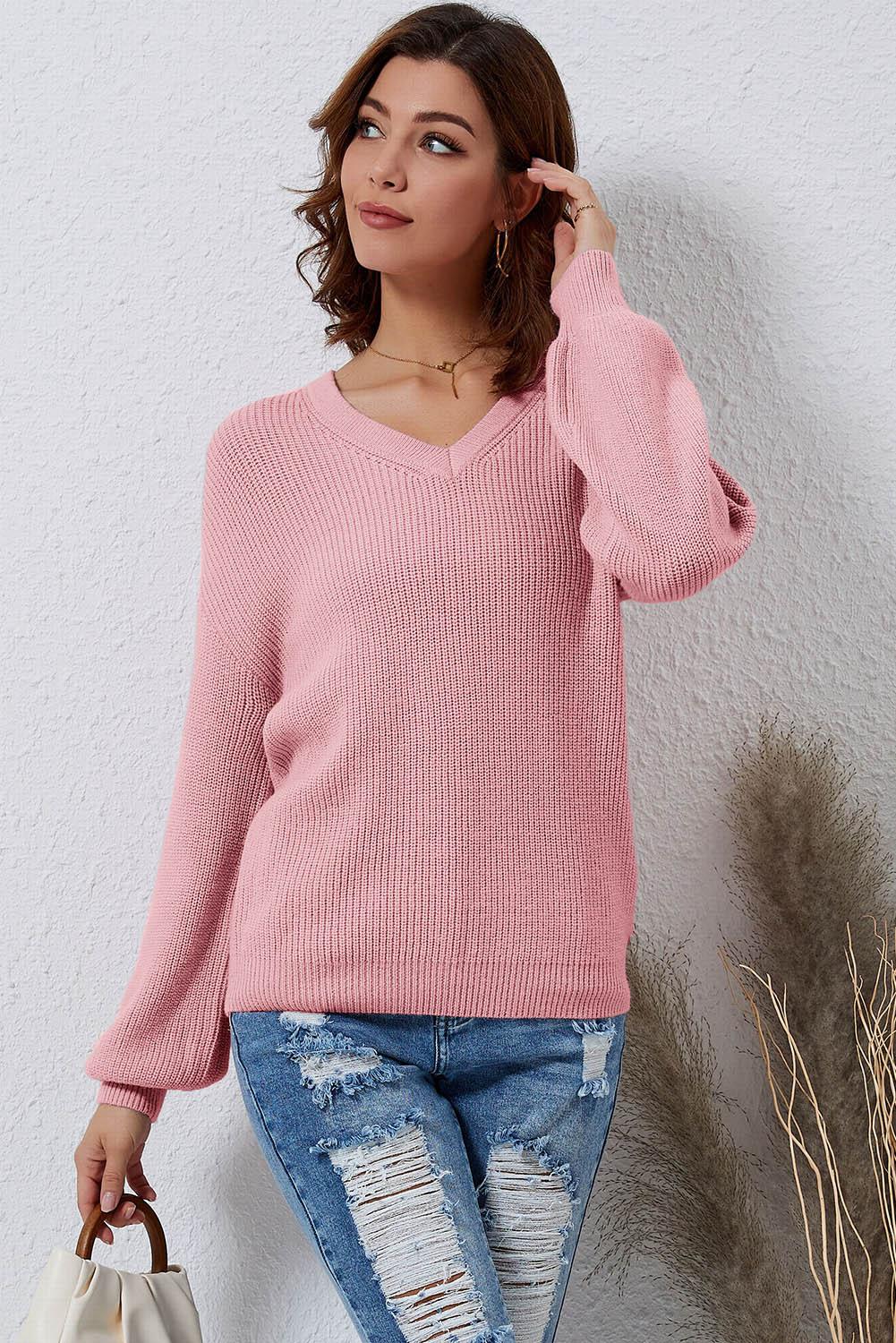 V-Neck Ribbed Dropped Shoulder Sweater - Lucianne Boutique