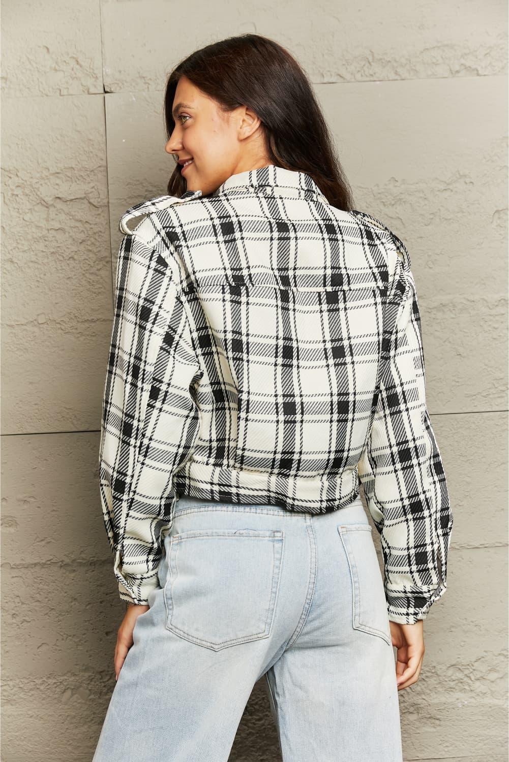 Plaid Collared Neck Long Sleeve Jacket - Lucianne Boutique