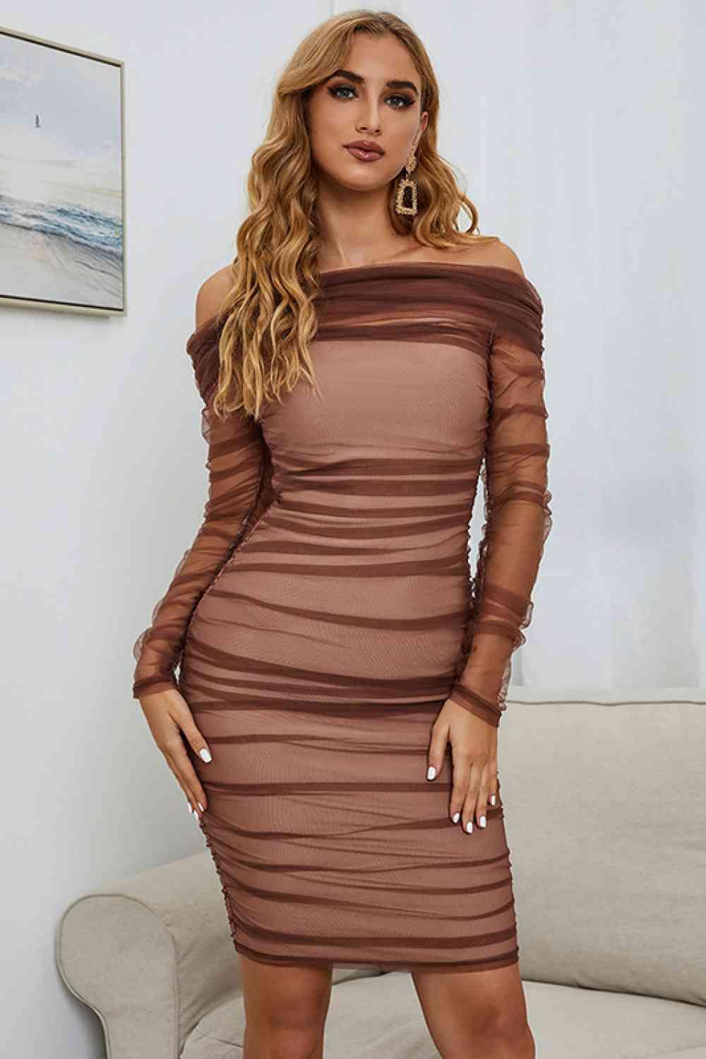 Off-Shoulder Ruched Long Sleeve Tulle Dress - Lucianne Boutique