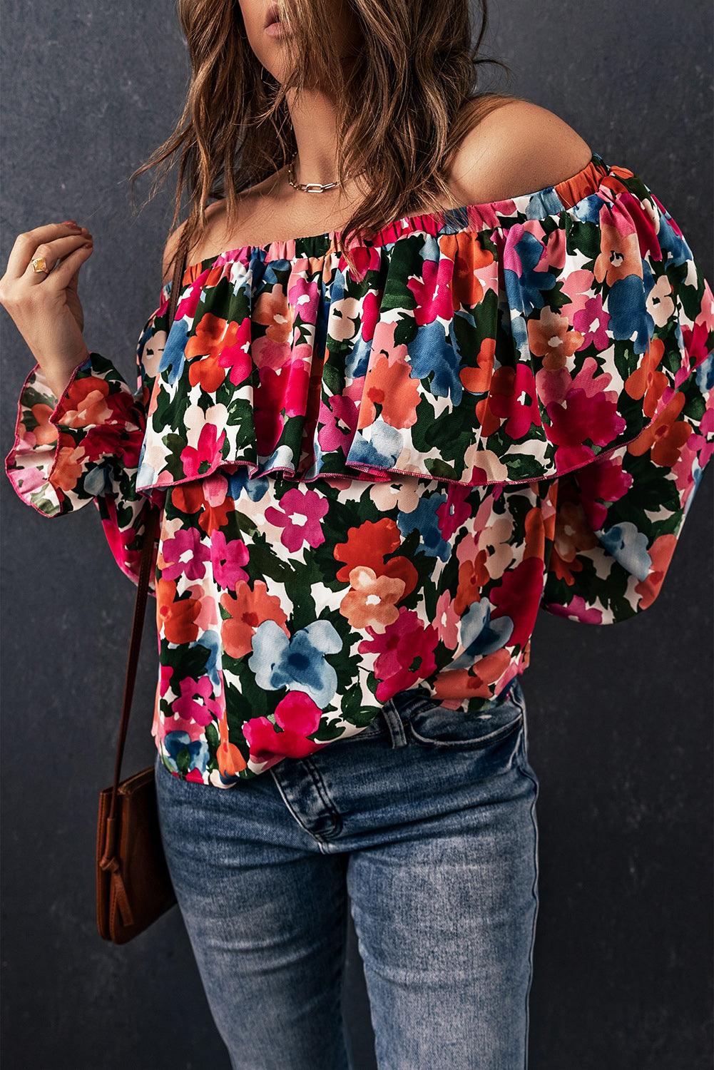 Floral Off-Shoulder Flounce Sleeve Layered Blouse - Lucianne Boutique