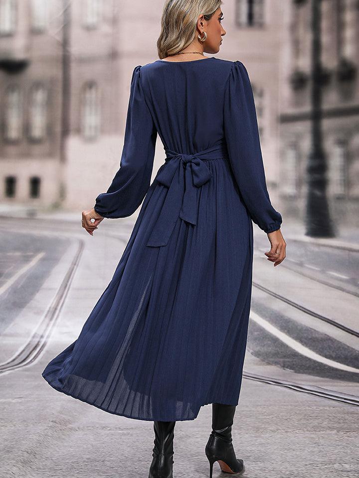 V-Neck Long Sleeve Pleated Slit Dress - Lucianne Boutique