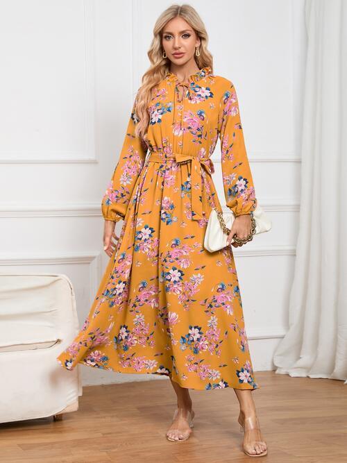 Floral Tie Front Balloon Sleeve Dress - Lucianne Boutique