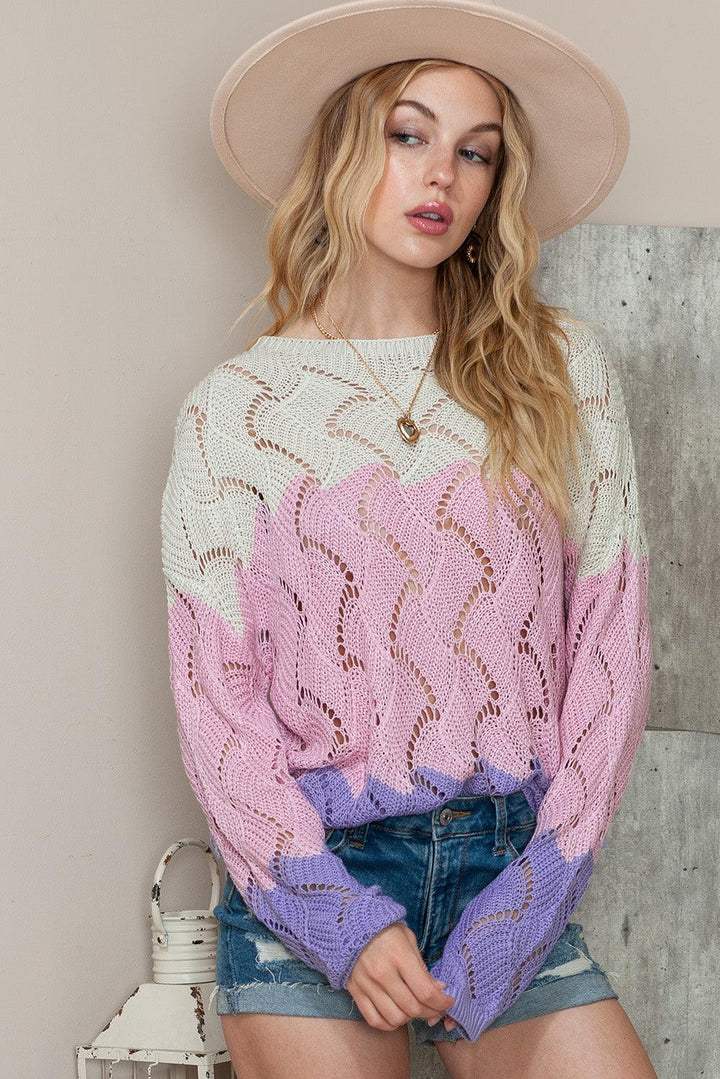 Round Neck Openwork Dropped Shoulder Sweater - Lucianne Boutique