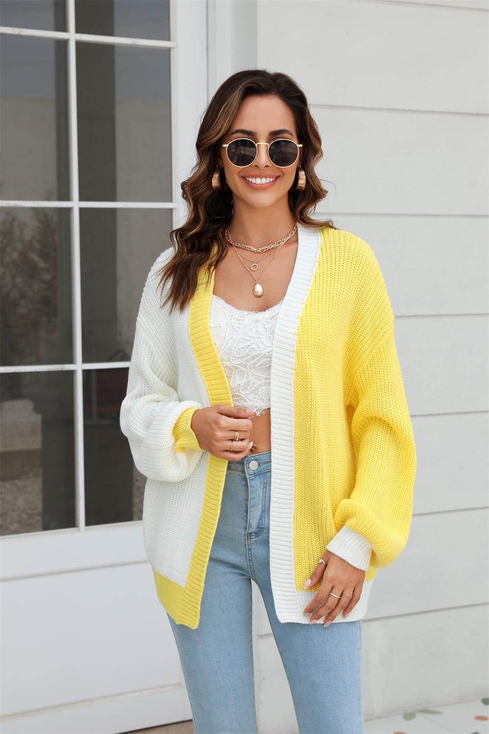 Open Front Contrast Color Balloon Sleeve Cardigan - Lucianne Boutique