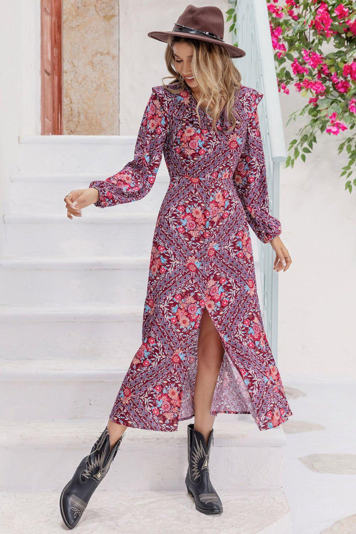 Printed Long Sleeve Slit Midi Dress - Lucianne Boutique