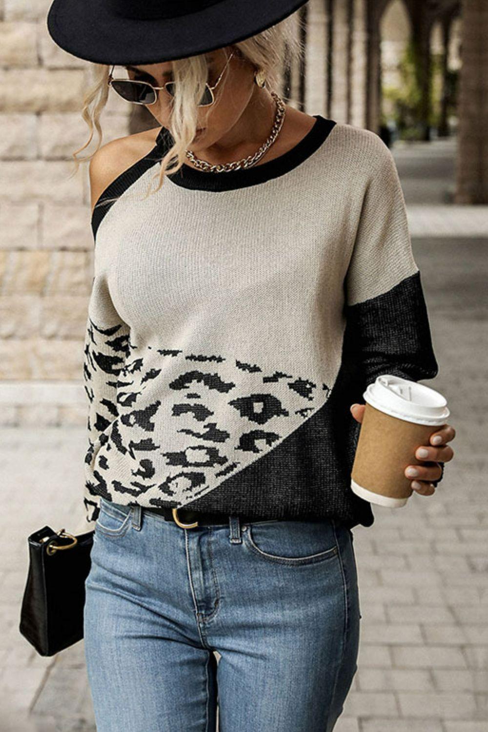 Leopard Color Block Cold-Shoulder Sweater - Lucianne Boutique