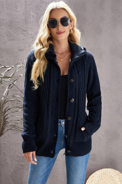 Cable-Knit Fleece Lining Button-Up Hooded Cardigan - Lucianne Boutique