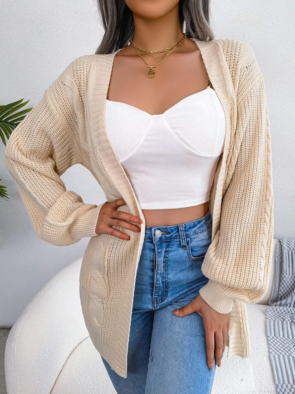 Cable-Knit Open Front Pocketed Cardigan - Lucianne Boutique