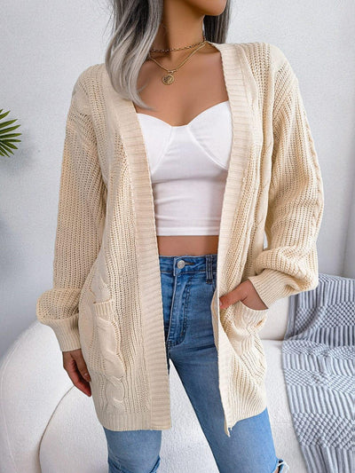 Cable-Knit Open Front Pocketed Cardigan - Lucianne Boutique
