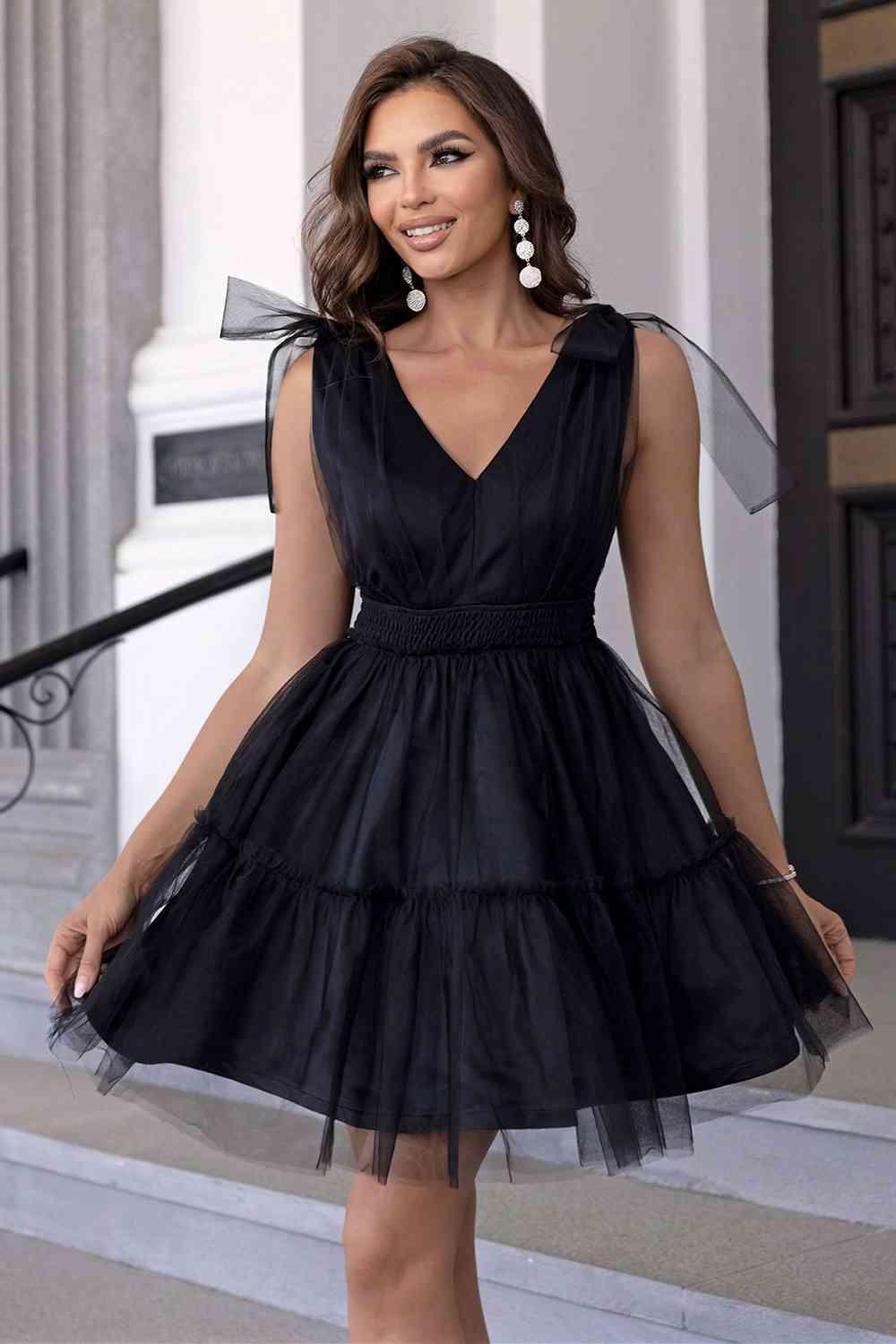 V-Neck Shoulder Detail Mesh Dress - Lucianne Boutique
