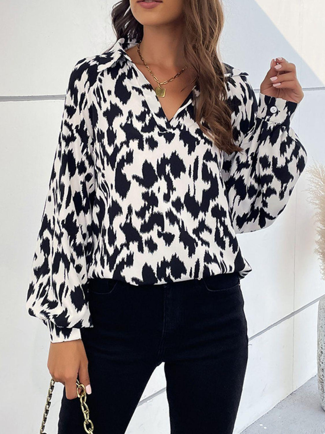 Printed Johnny Collar Lantern Sleeve Top - Lucianne Boutique