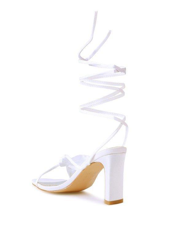CHASM RUCHED SATIN TIE UP BLOCK HEELED SANDALS - Lucianne Boutique
