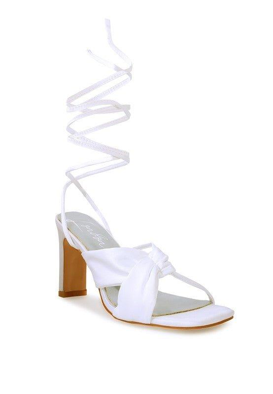 CHASM RUCHED SATIN TIE UP BLOCK HEELED SANDALS - Lucianne Boutique