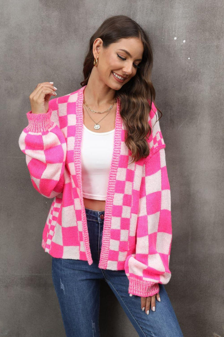 Checkered Open Front Drop Shoulder Cardigan - Lucianne Boutique