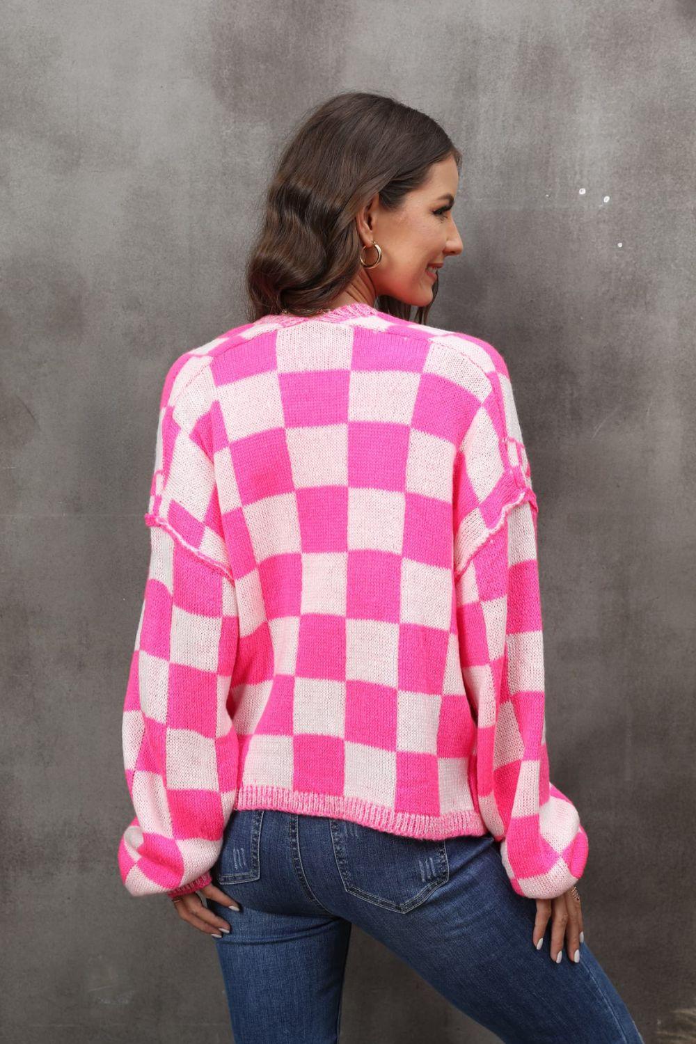 Checkered Open Front Drop Shoulder Cardigan - Lucianne Boutique