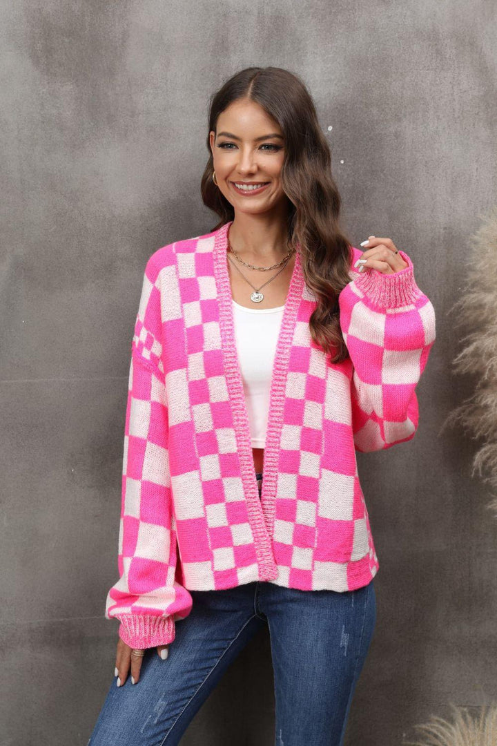 Checkered Open Front Drop Shoulder Cardigan - Lucianne Boutique