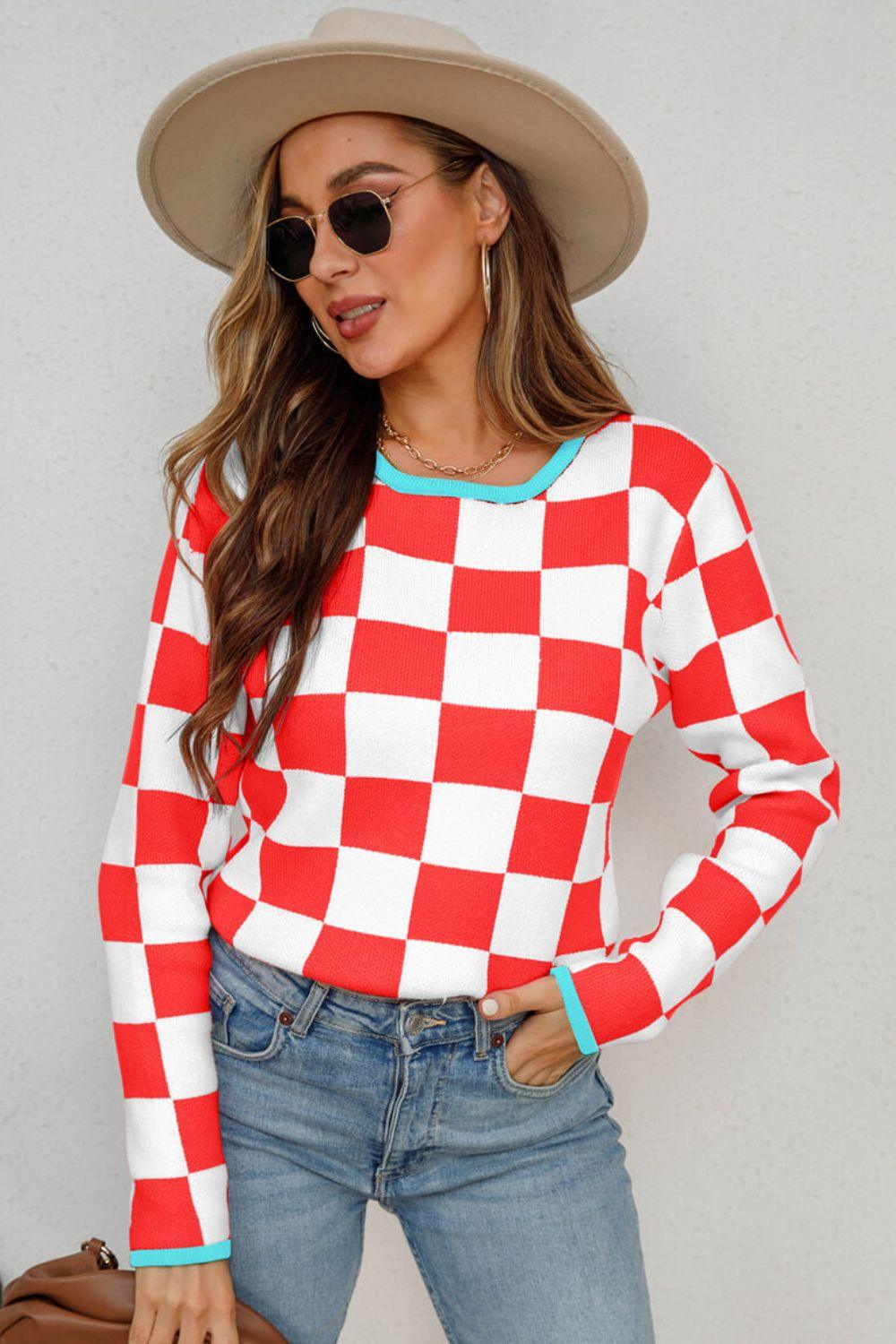 Checkered Round Neck Sweater - Lucianne Boutique